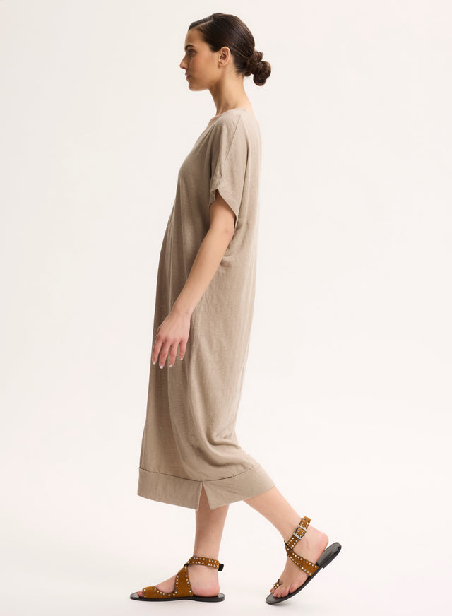 Majestic Filatures Robe Beige Col V En Lin / Elasthanne Lin / Elasthanne