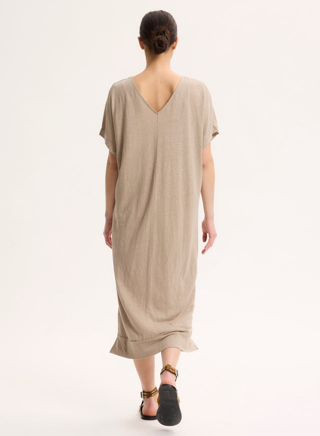 Majestic Filatures Robe Beige Col V En Lin / Elasthanne Lin / Elasthanne