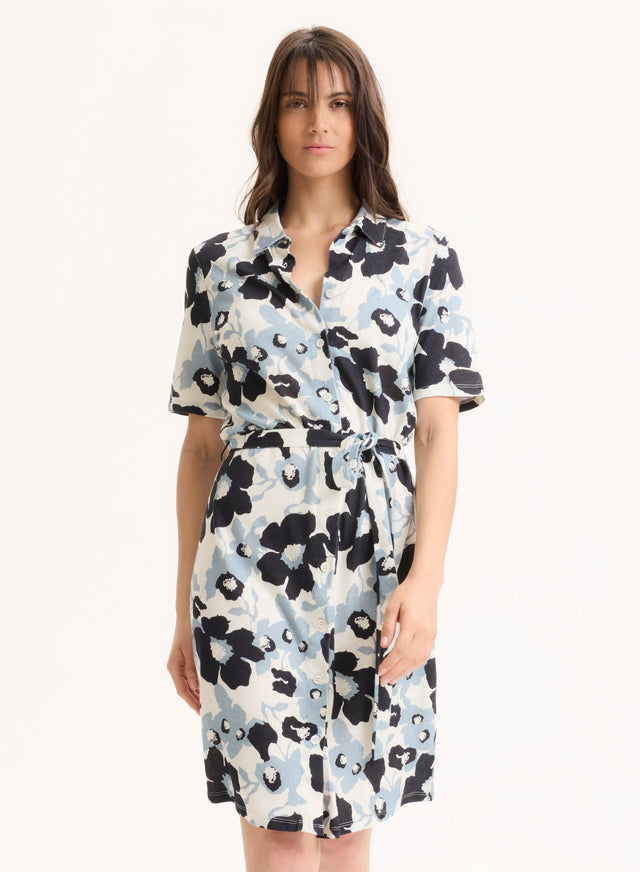 Majestic Filatures Robe Bleu Col Chemise Manches Courtes En Coton Organique / Lin Coton Organique / Lin