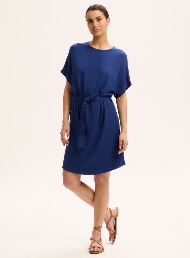 Majestic Filatures Robe Bleue Col Rond Manches Courtes En Viscose / Élasthanne Viscose / Élasthanne