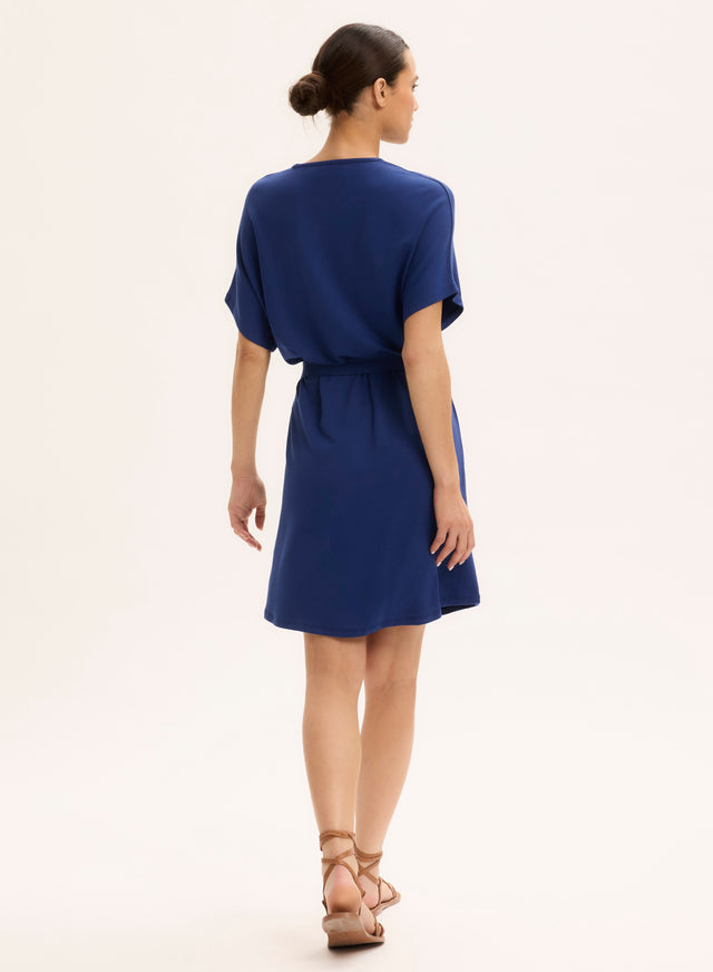 Majestic Filatures Robe Bleue Col Rond Manches Courtes En Viscose / Élasthanne Viscose / Élasthanne