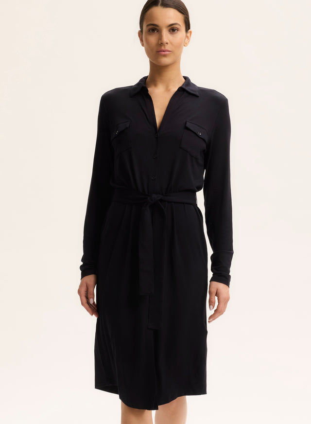 majestic filatures Robe Marine Col Chemise Manches Longues en Viscose / Élasthanne Viscose / Élasthanne