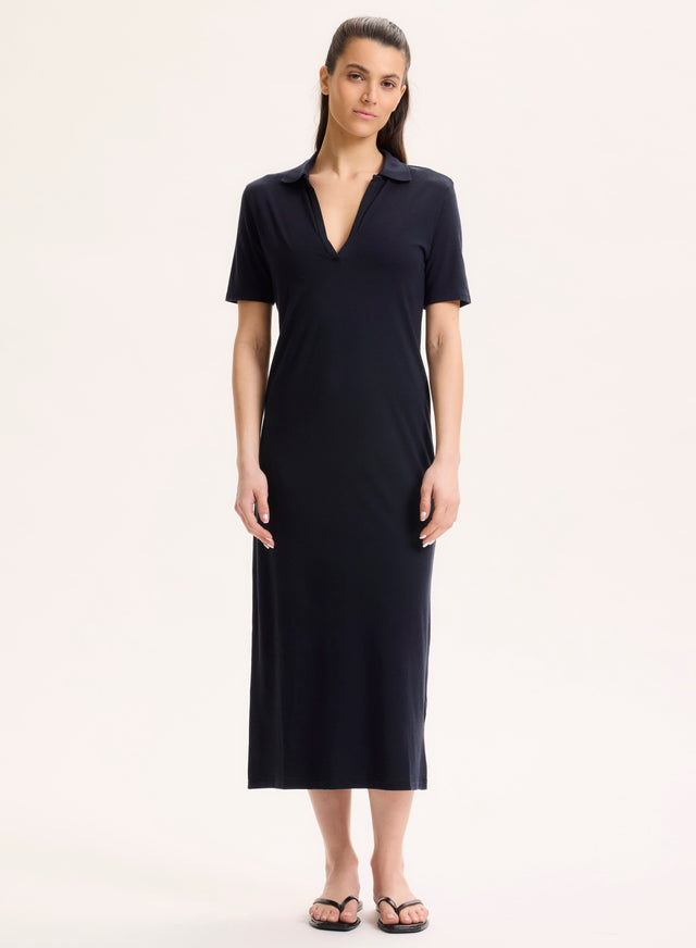 Majestic Filatures Robe Marine Col Polo Manches Courtes En Lyocell / Tencel / Coton Organique Lyocell / Tencel / Coton Organique