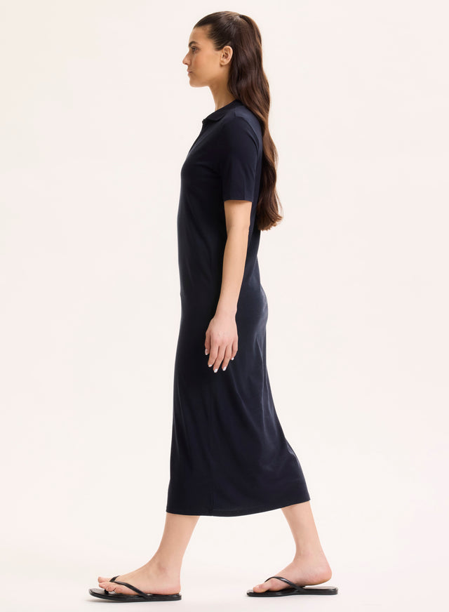 Majestic Filatures Robe Marine Col Polo Manches Courtes En Lyocell / Tencel / Coton Organique Lyocell / Tencel / Coton Organique