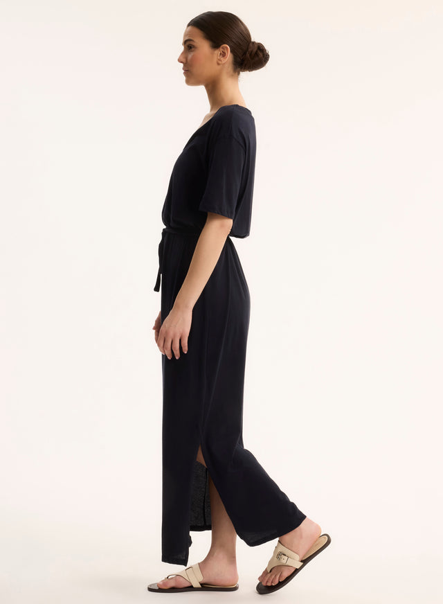 Majestic Filatures Robe Marine Col V Manches Courtes En Coton Organique Coton Organique