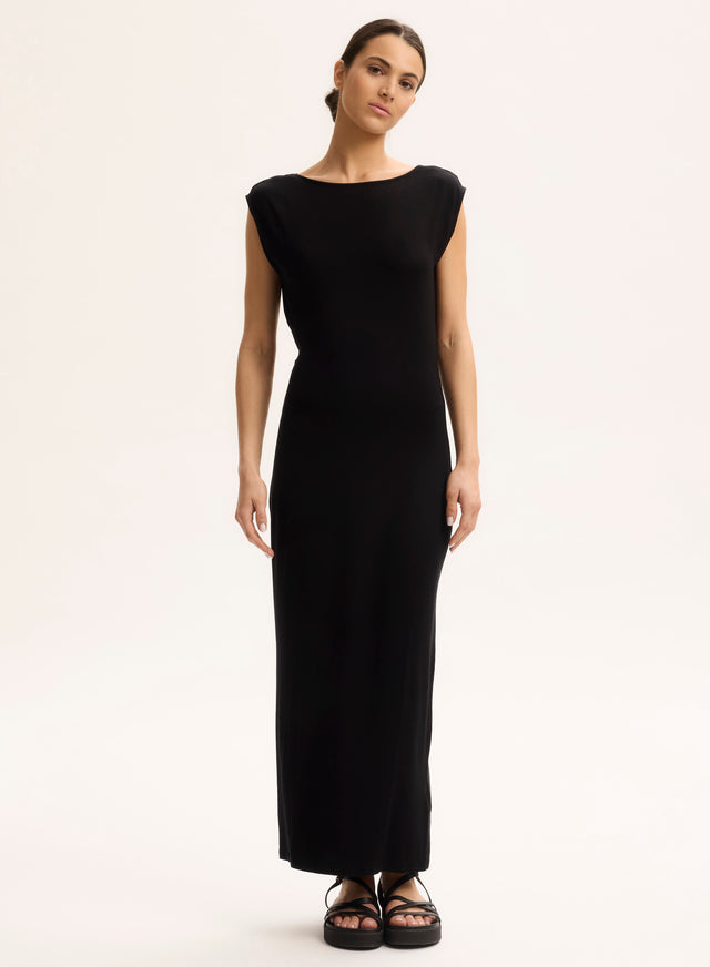 Majestic Filatures Robe Noir Col Bénitier Sans Manches Viscose / Élasthanne