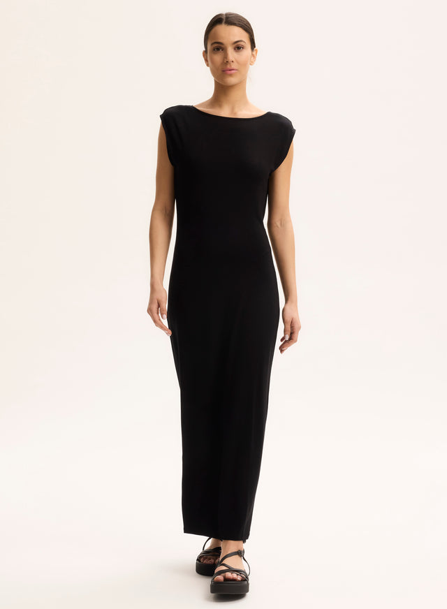 majestic filatures Robe Noir Col Bénitier Sans Manches Viscose / Élasthanne