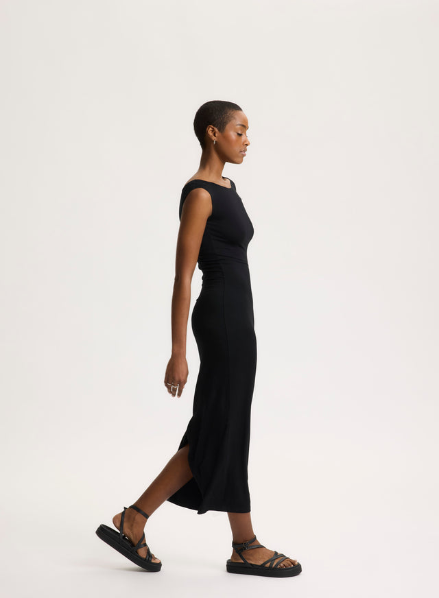 Majestic Filatures Robe Noire Col Dégagé Sans Manches Viscose / Élasthanne