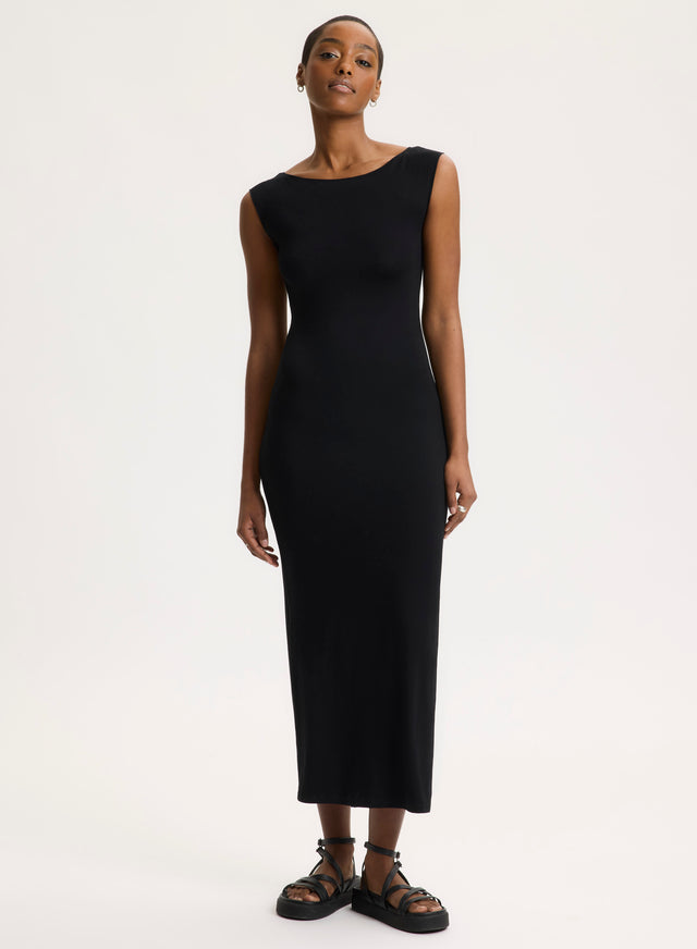 Majestic Filatures Robe Noire Col Dégagé Sans Manches Viscose / Élasthanne