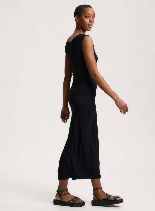 Majestic Filatures Robe Noire Col Dégagé Sans Manches Viscose / Élasthanne