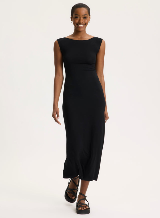 majestic filatures Robe Noire Col Dégagé Sans Manches Viscose / Élasthanne