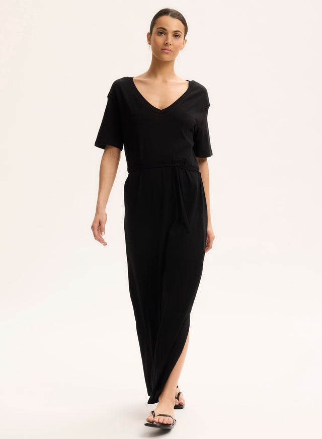 Majestic Filatures Robe Noire Col V Manches Courtes En Coton Organique Coton Organique