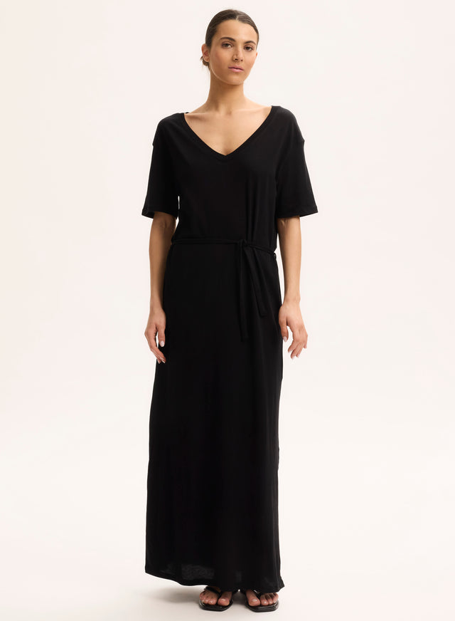 majestic filatures Robe Noire Col V Manches Courtes en Coton organique Coton organique