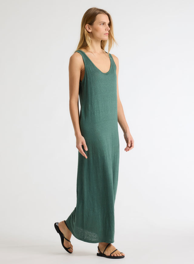 Majestic Filatures Robe Verte Col Rond Sans Manches En Lin / Elasthanne Lin / Elasthanne