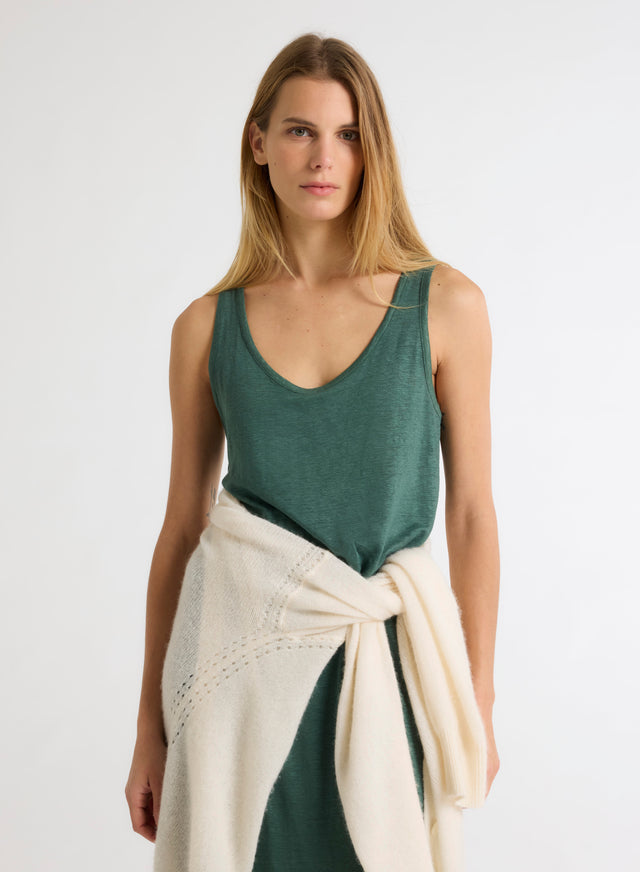 Majestic Filatures Robe Verte Col Rond Sans Manches En Lin / Elasthanne Lin / Elasthanne