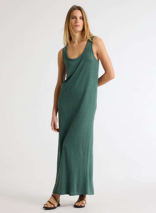 majestic filatures Robe Verte Col Rond Sans Manches en Lin / Elasthanne Lin / Elasthanne