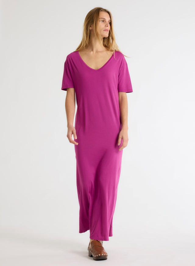 Majestic Filatures Robe Violette Col V Manches Courtes En Coton Organique Coton Organique