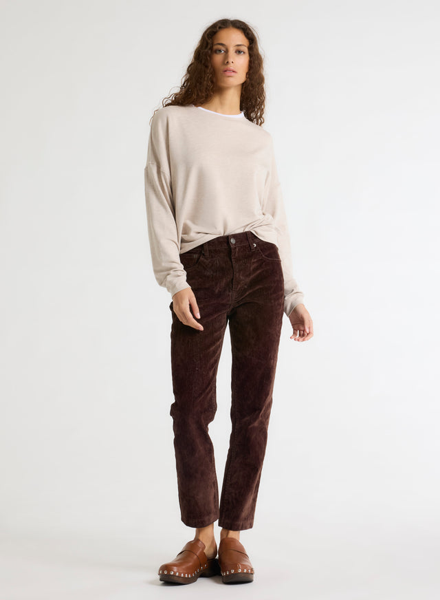 Majestic Filatures Sweat Beige Col Rond Manches Longues En Viscose / Élasthanne Viscose / Élasthanne