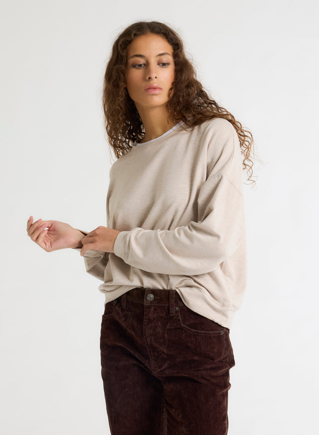 Majestic Filatures Sweat Beige Col Rond Manches Longues En Viscose / Élasthanne Viscose / Élasthanne