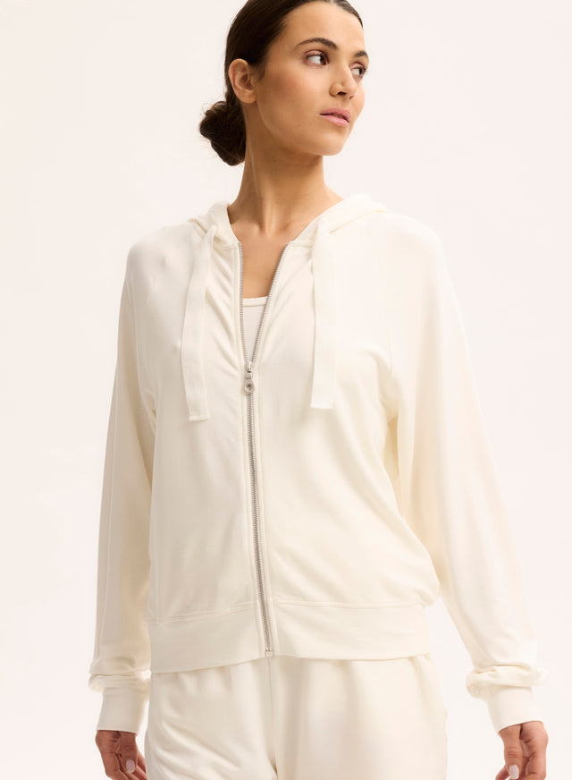 Majestic Filatures Sweat Blanc Col Capuche Manches Raglan Longues Viscose / Élasthanne