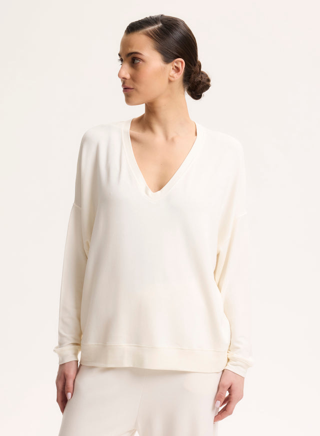 Majestic Filatures Sweat Blanc Col V Manches Longues En Viscose / Élasthanne Viscose / Élasthanne