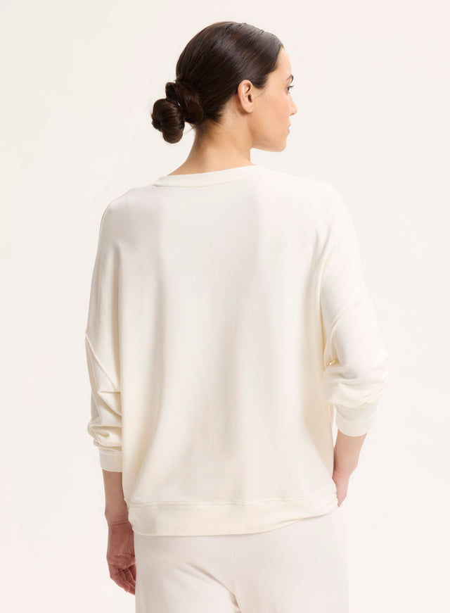 Majestic Filatures Sweat Blanc Col V Manches Longues En Viscose / Élasthanne Viscose / Élasthanne