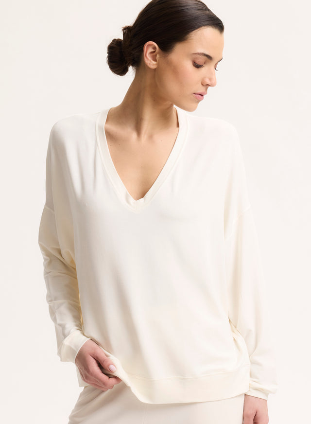 majestic filatures Sweat Blanc Col V Manches Longues en Viscose / Élasthanne Viscose / Élasthanne