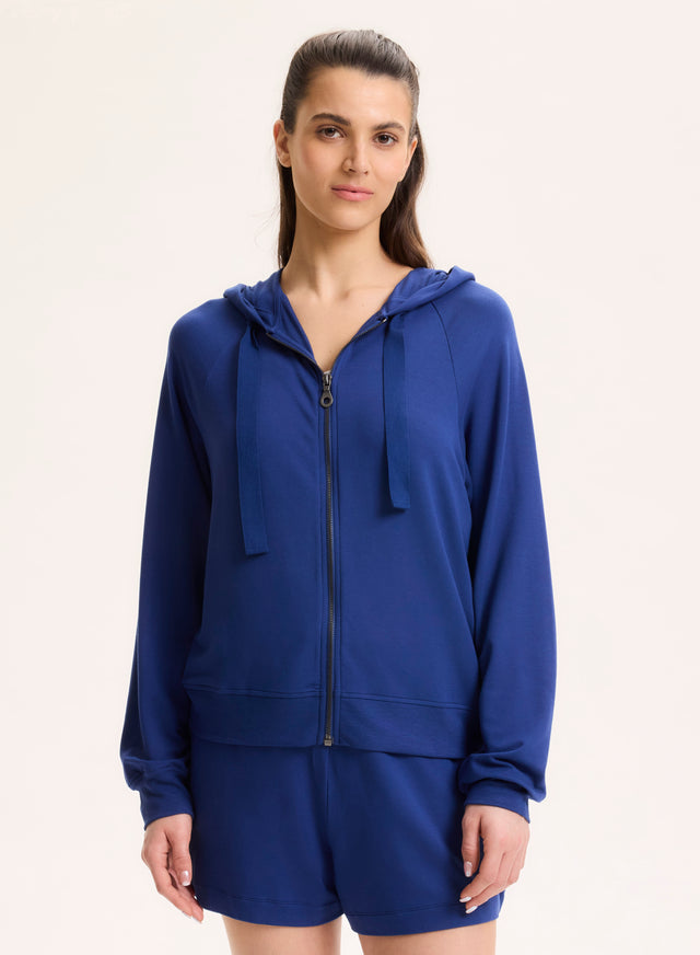 Majestic Filatures Sweat Bleu Col Capuche Manches Raglan Longues En Viscose / Élasthanne Viscose / Élasthanne