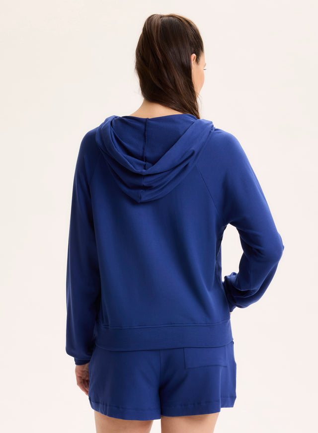 Majestic Filatures Sweat Bleu Col Capuche Manches Raglan Longues En Viscose / Élasthanne Viscose / Élasthanne