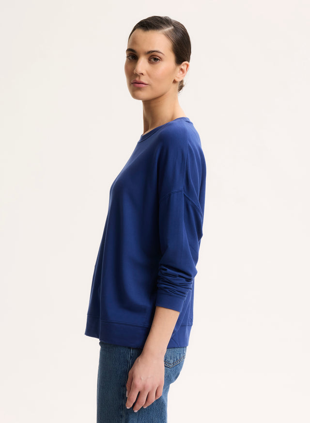 Majestic Filatures Sweat Bleu Col Rond Manches Longues En Viscose / Élasthanne Viscose / Élasthanne