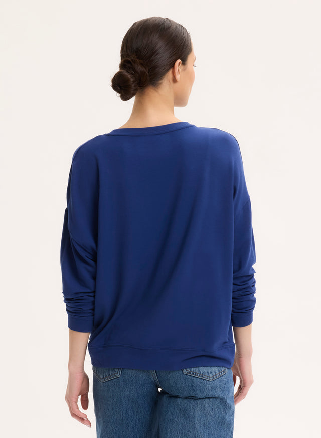 Majestic Filatures Sweat Bleu Col Rond Manches Longues En Viscose / Élasthanne Viscose / Élasthanne