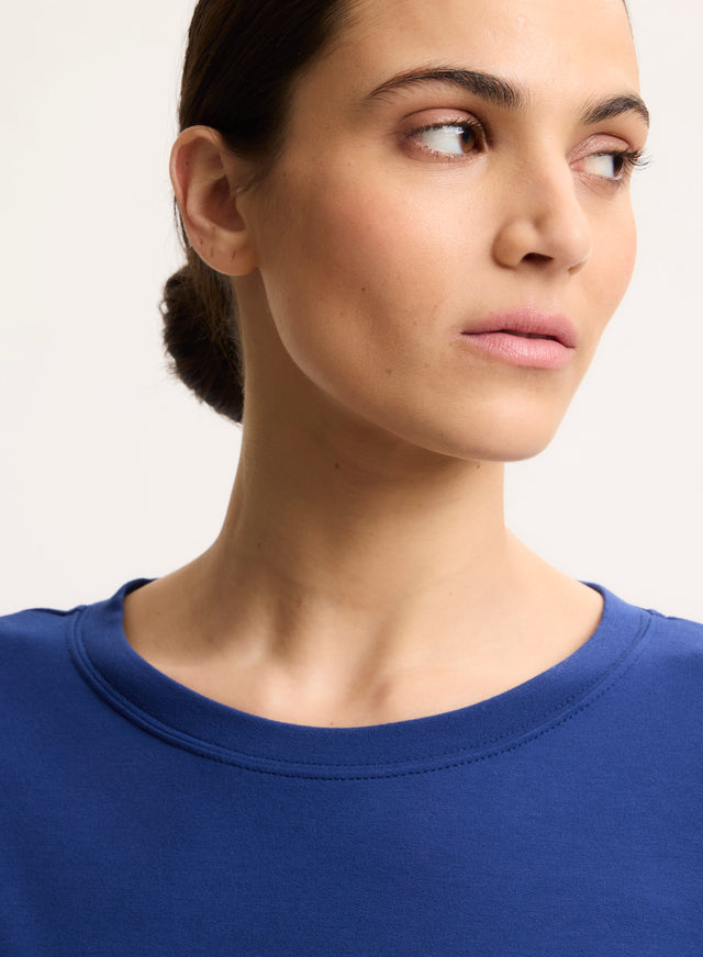 Majestic Filatures Sweat Bleu Col Rond Manches Longues En Viscose / Élasthanne Viscose / Élasthanne
