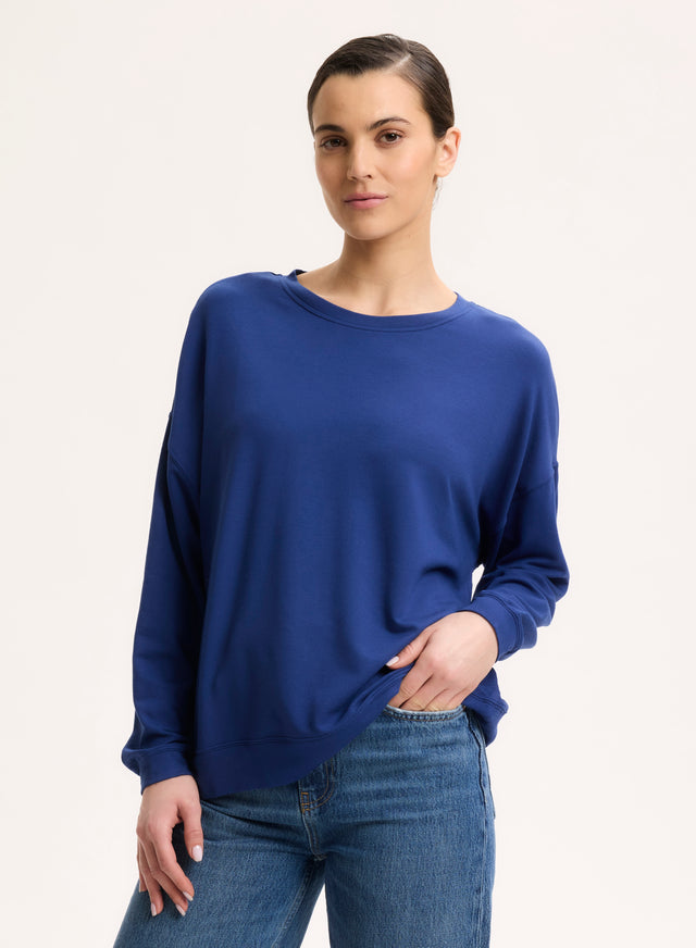 majestic filatures Sweat Bleu Col Rond Manches Longues en Viscose / Élasthanne Viscose / Élasthanne