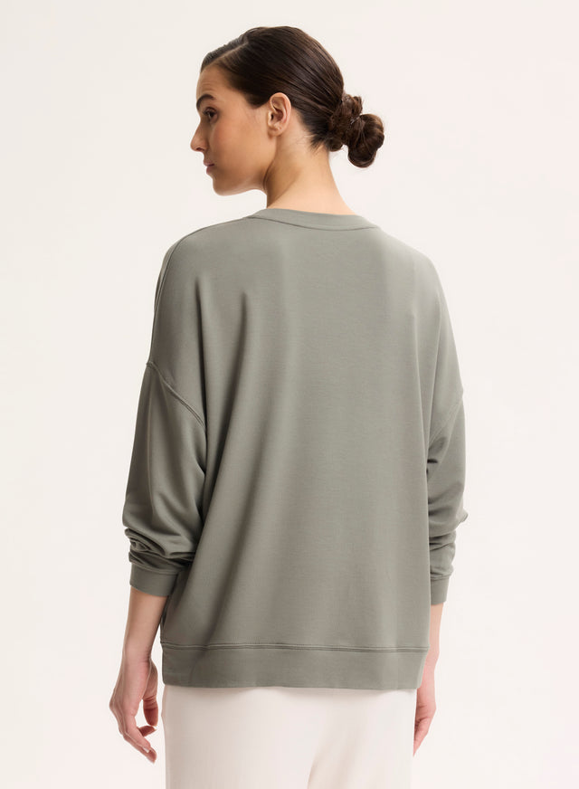 Majestic Filatures Sweat Vert Col V Manches Longues En Viscose / Élasthanne Viscose / Élasthanne