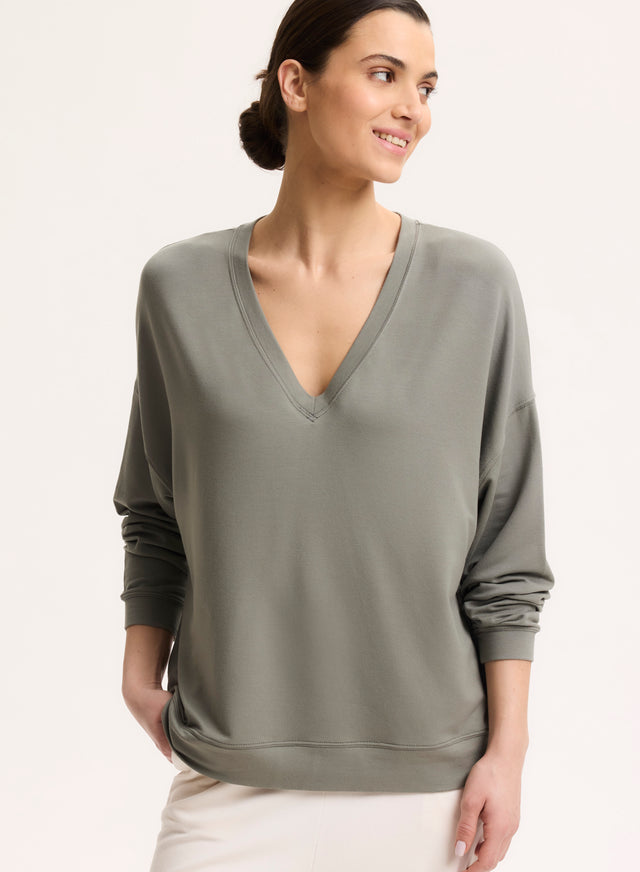 majestic filatures Sweat Vert Col V Manches Longues en Viscose / Élasthanne Viscose / Élasthanne