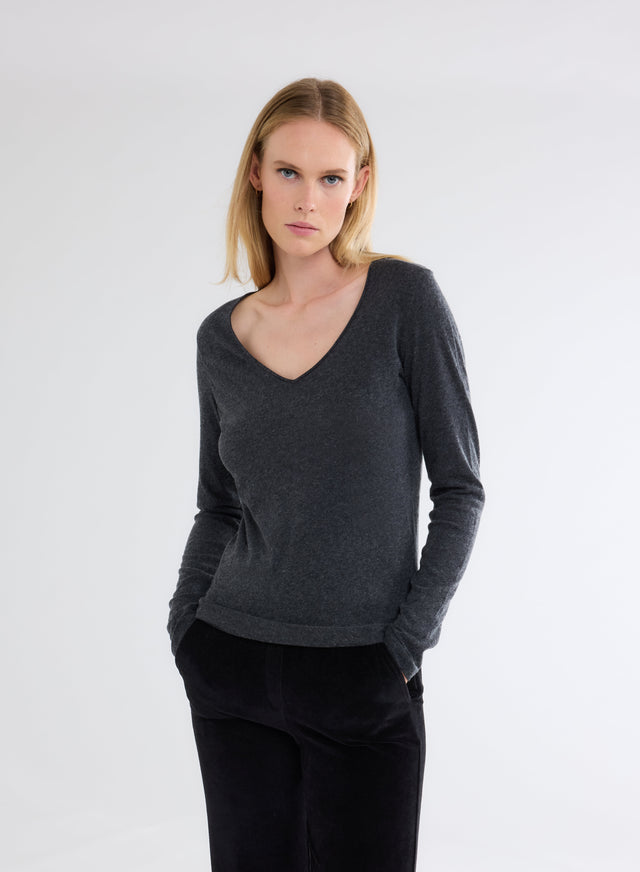 Majestic Filatures T-shirt Anthracite Chiné Col V Manches Longues En Coton Et Cachemire Coton / Cachemire