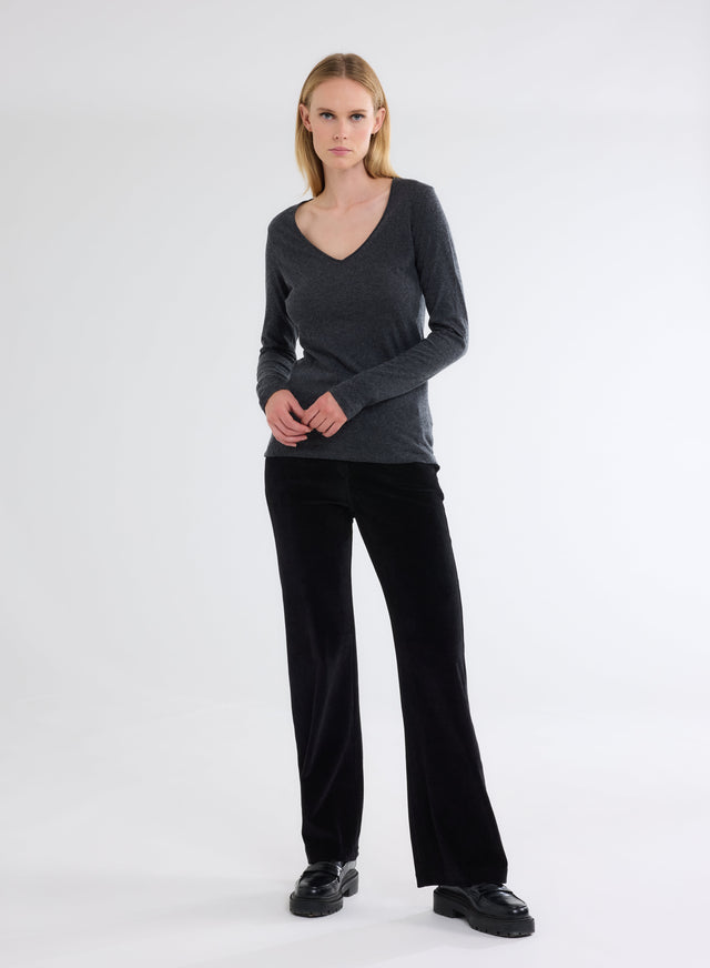 Majestic Filatures T-shirt Anthracite Chiné Col V Manches Longues En Coton Et Cachemire Coton / Cachemire