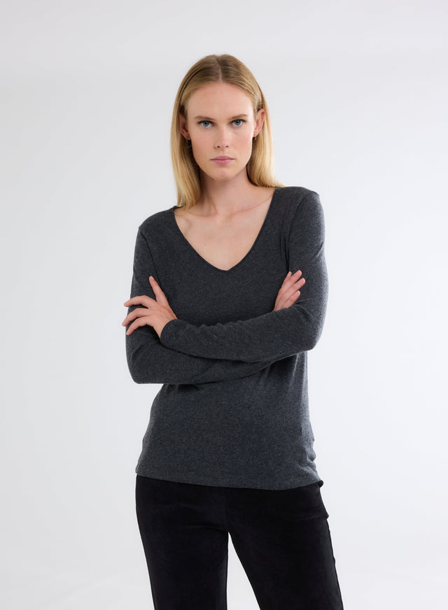 majestic filatures T-shirt Anthracite Chiné Col V Manches Longues en Coton et Cachemire Coton / Cachemire