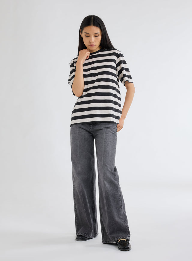 Majestic Filatures T-shirt Anthracite Et Écru Rayé Oversize Col Rond Manches Courtes En Coton Organique Coton Organique