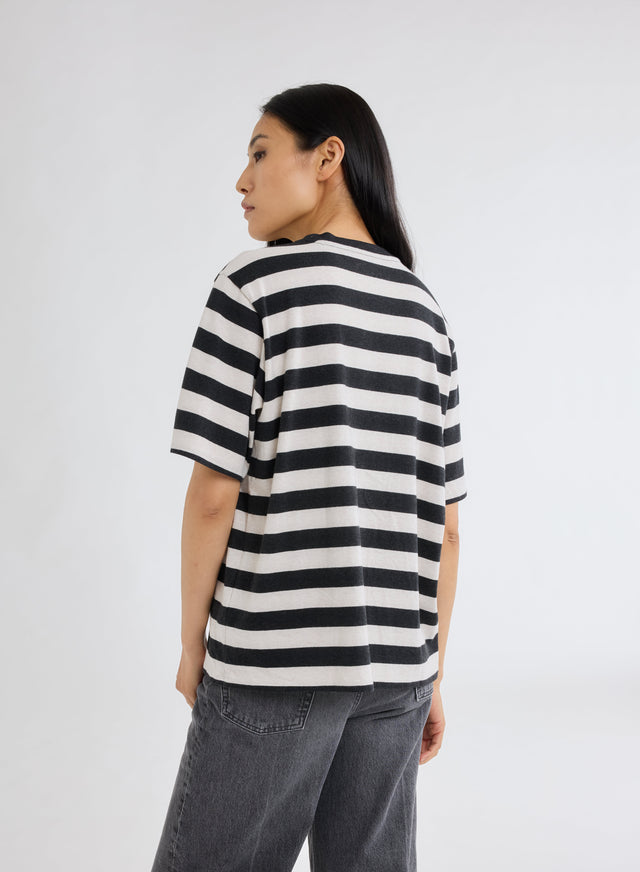 Majestic Filatures T-shirt Anthracite Et Écru Rayé Oversize Col Rond Manches Courtes En Coton Organique Coton Organique