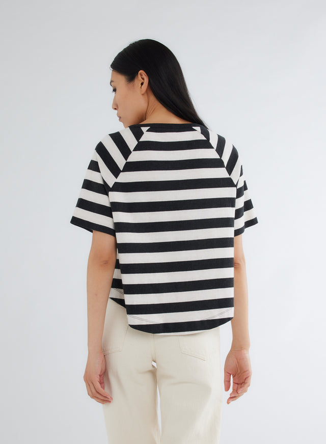 Majestic Filatures T-shirt Anthracite Et Écru Rayé Oversize Court Col Rond Manches Courtes En Coton Organique Coton Organique