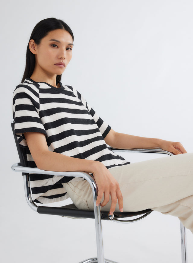 majestic filatures T-shirt Anthracite et Écru Rayé Oversize Court Col Rond Manches Courtes en Coton Organique Coton organique