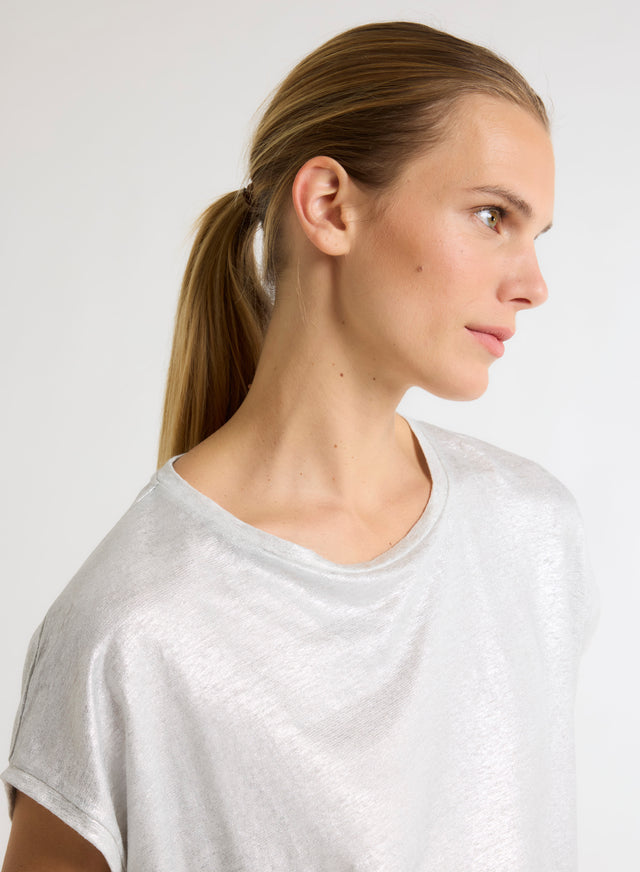 Majestic Filatures T-shirt Argenté Col Rond Sans Manches En Lin / Elasthanne Lin / Elasthanne