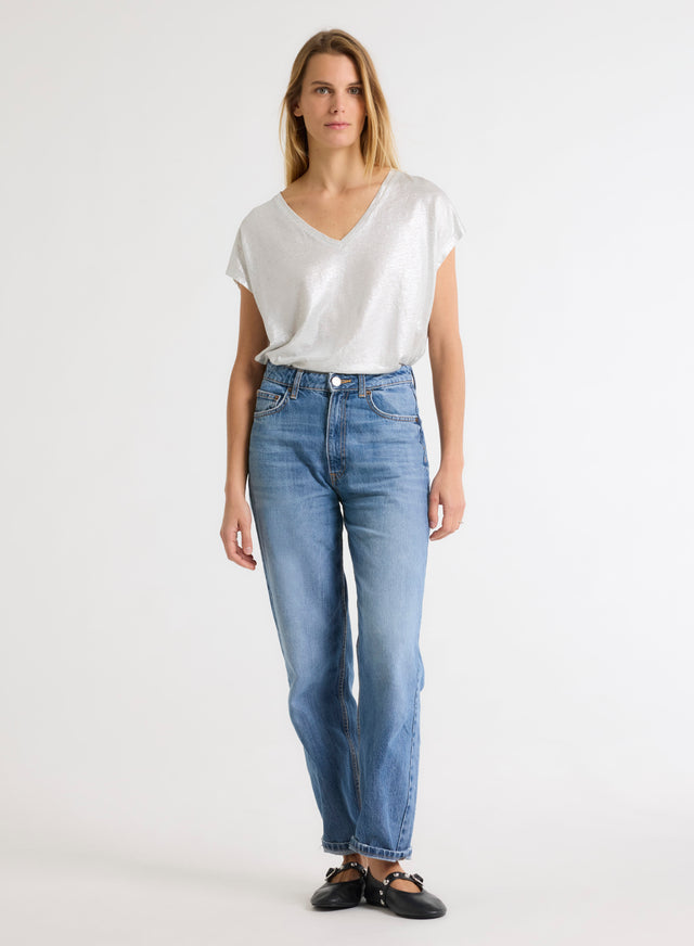 Majestic Filatures T-shirt Argenté Col V Manches Courtes En Lin / Elasthanne Lin / Elasthanne