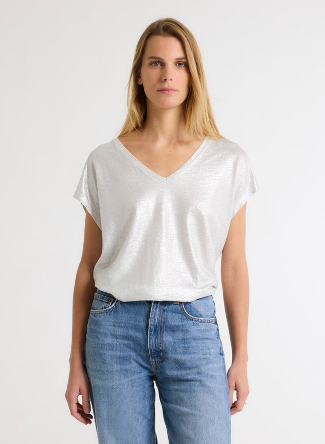 Majestic Filatures T-shirt Argenté Col V Manches Courtes En Lin / Elasthanne Lin / Elasthanne