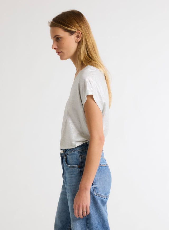 Majestic Filatures T-shirt Argenté Col V Manches Courtes En Lin / Elasthanne Lin / Elasthanne