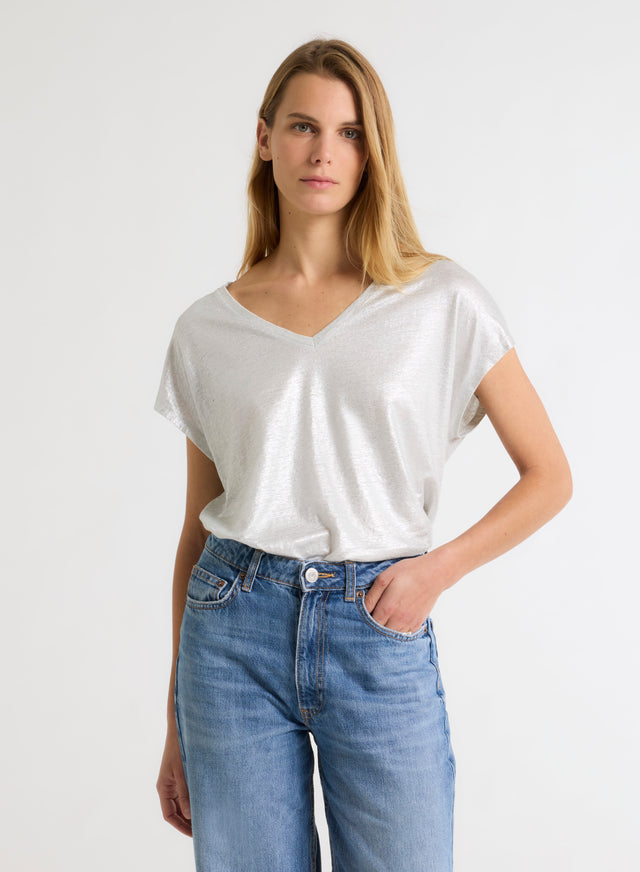 majestic filatures T-shirt argenté Col V Manches Courtes en Lin / Elasthanne Lin / Elasthanne