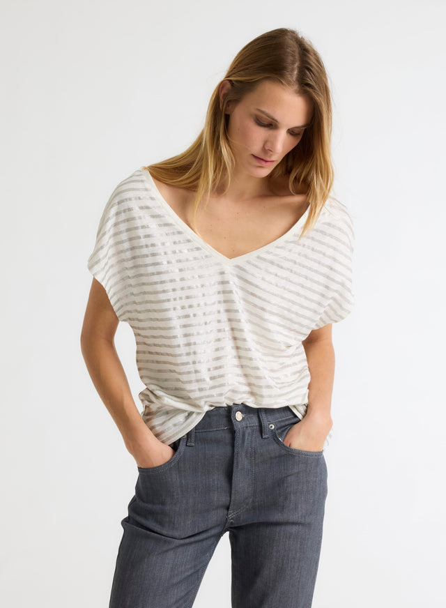majestic filatures T-shirt argenté Col V Sans Manches en Lin / Elasthanne Lin / Elasthanne