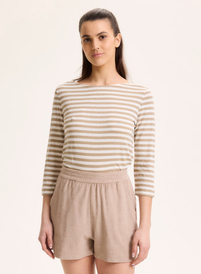 Majestic Filatures T-shirt Beige Col Bateau Manches Trois Quarts En Lin / Elasthanne Lin / Elasthanne