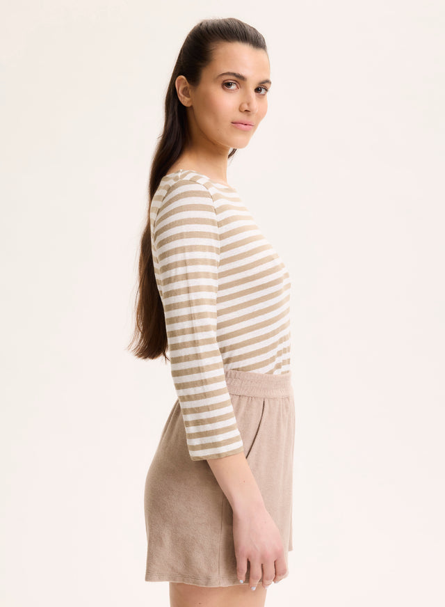 Majestic Filatures T-shirt Beige Col Bateau Manches Trois Quarts En Lin / Elasthanne Lin / Elasthanne